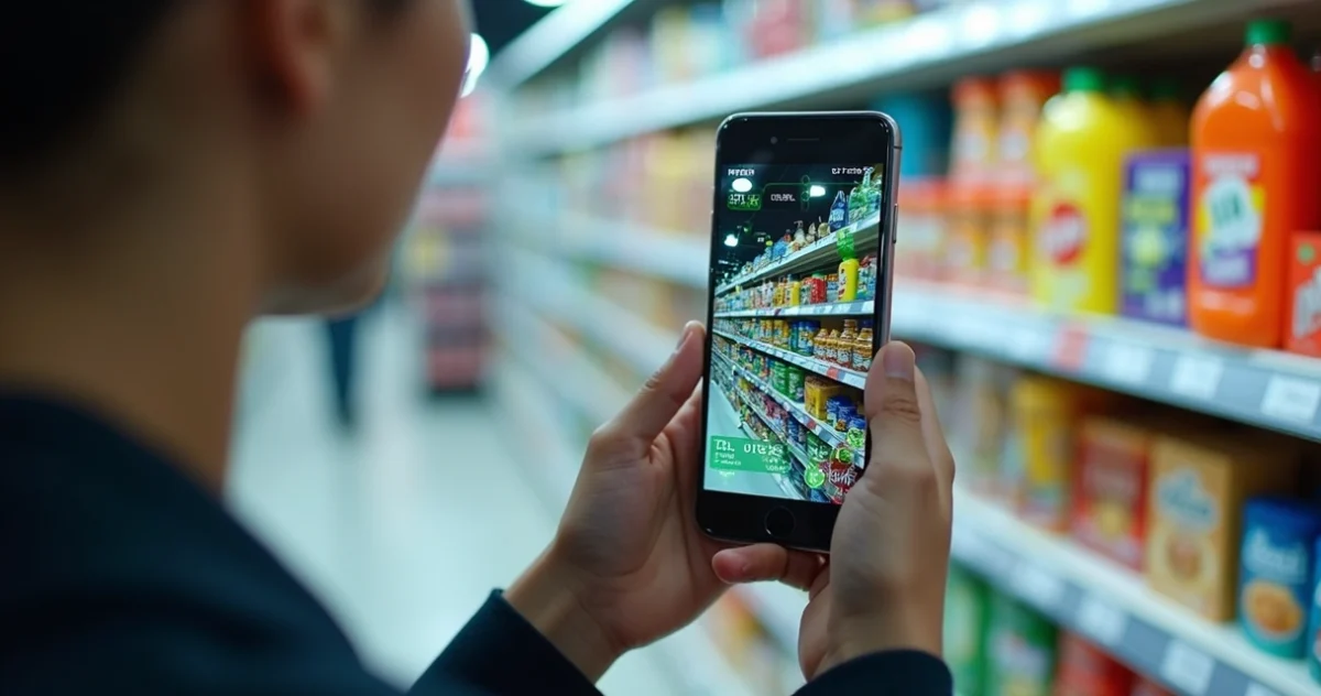 Profissional registrando gôndola no supermercado com smartphone e painel digital ao fundo