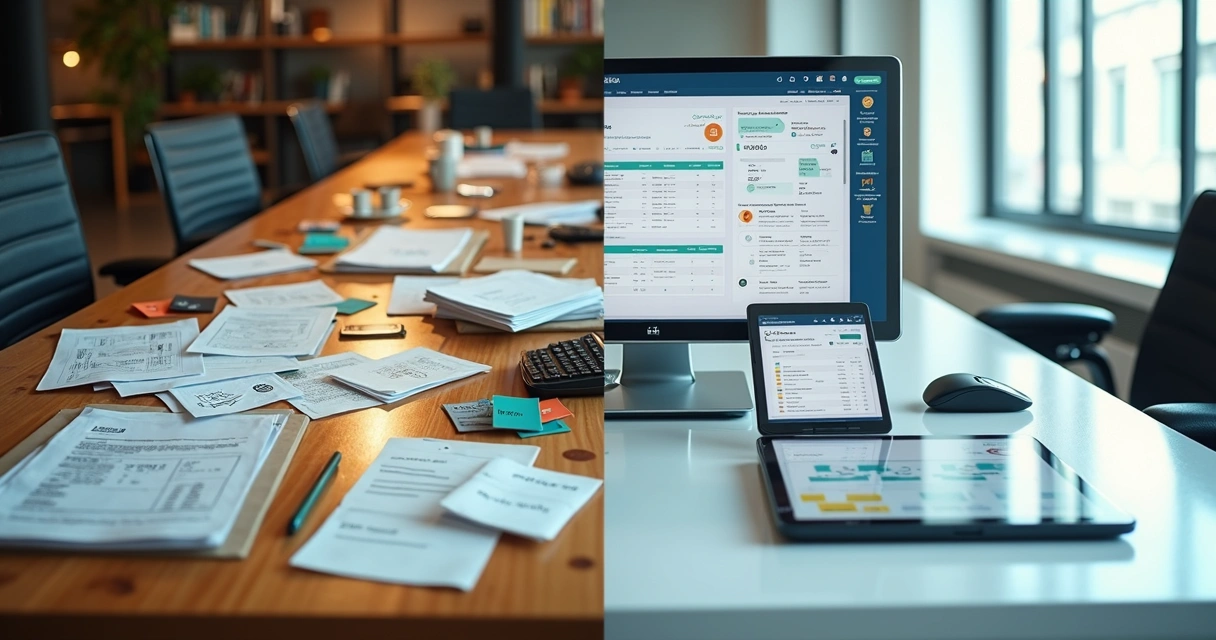 Comparação visual entre gestão manual e plataforma moderna de premiação de vendas