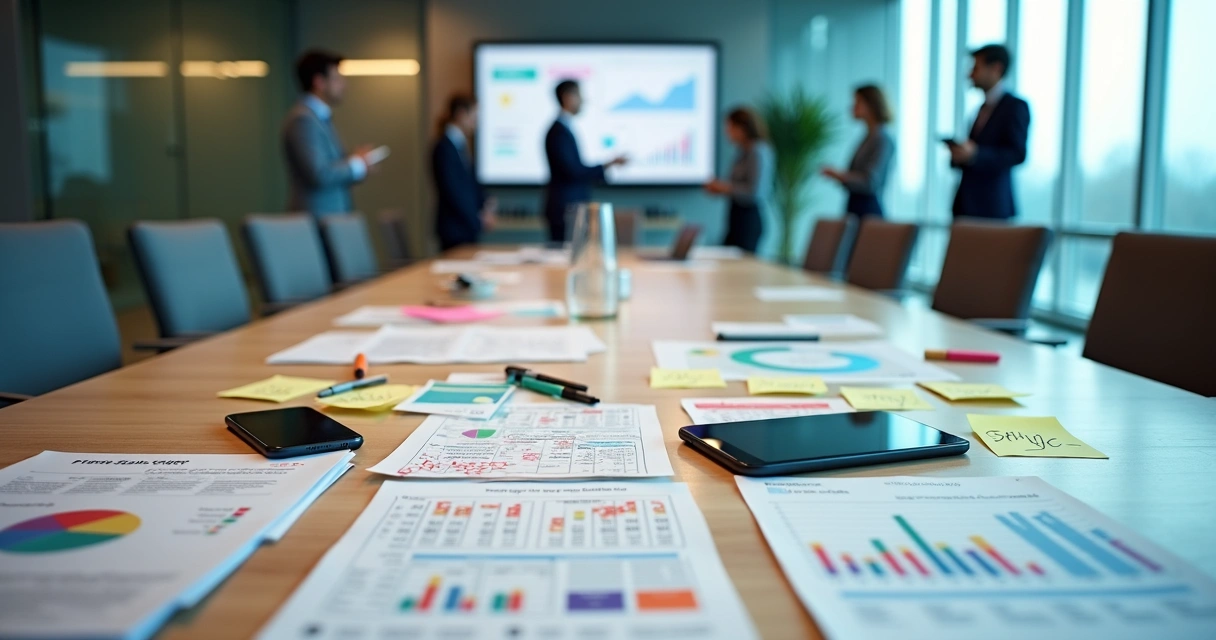 Mesa de escritório com papéis e planilhas caóticas ao lado de tela com painel digital organizado