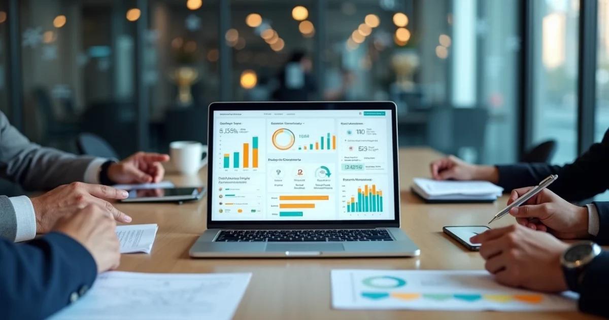 Tela de plataforma de incentivo de vendas com dashboards de metas e recompensas digitais em notebook sobre mesa de reunião