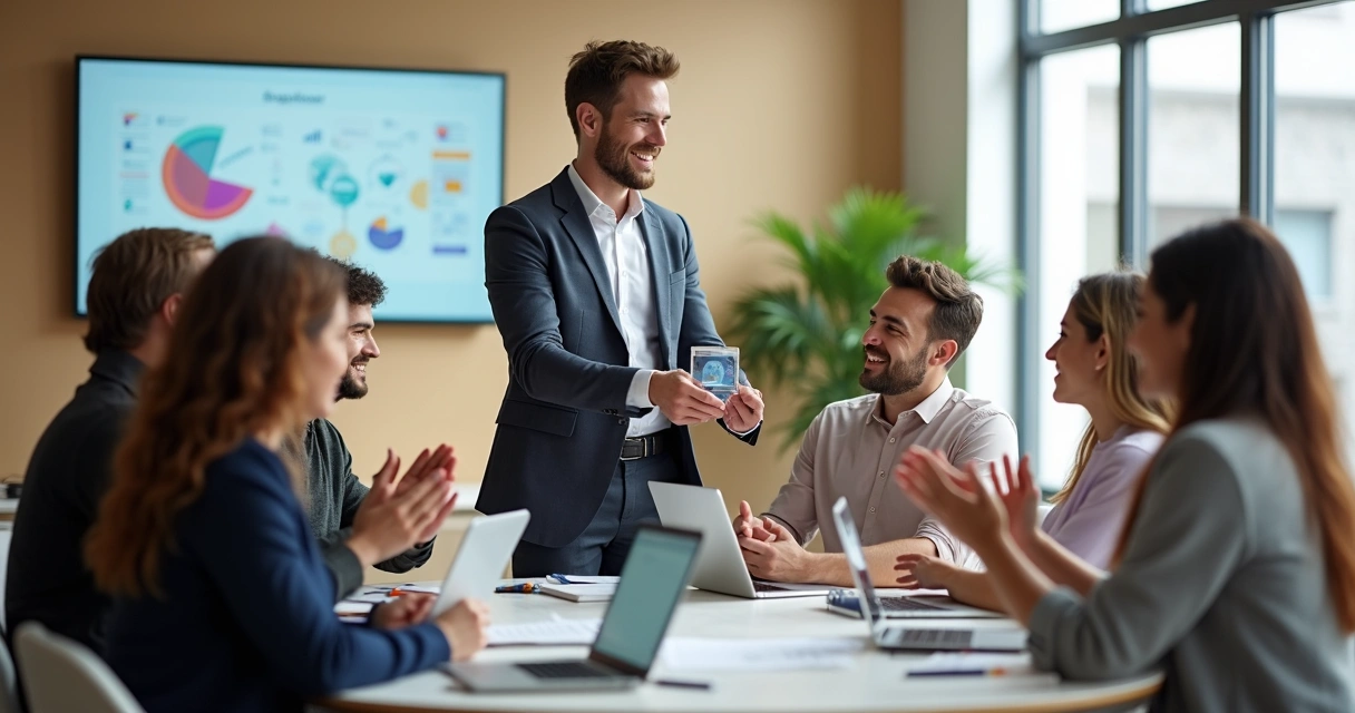 Gestora reconhecendo colaborador em roda de feedback com equipe ao redor