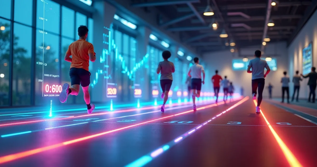 Pista de corrida corporativa com vendedores avançando e barra de progresso digital