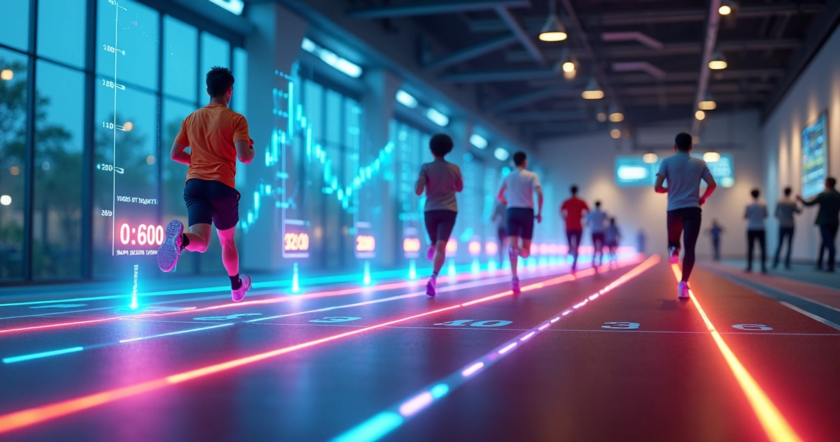Pista de corrida corporativa com vendedores avançando e barra de progresso digital