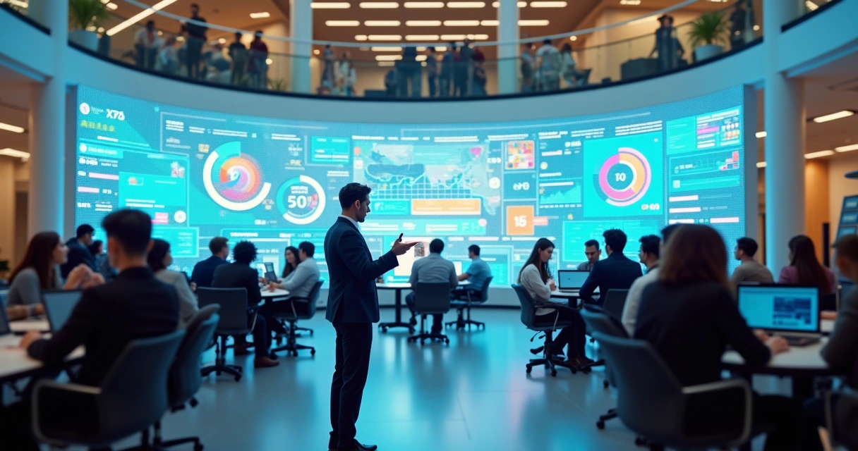 Grande equipe de vendas reunida em espaço moderno acompanhando painel digital