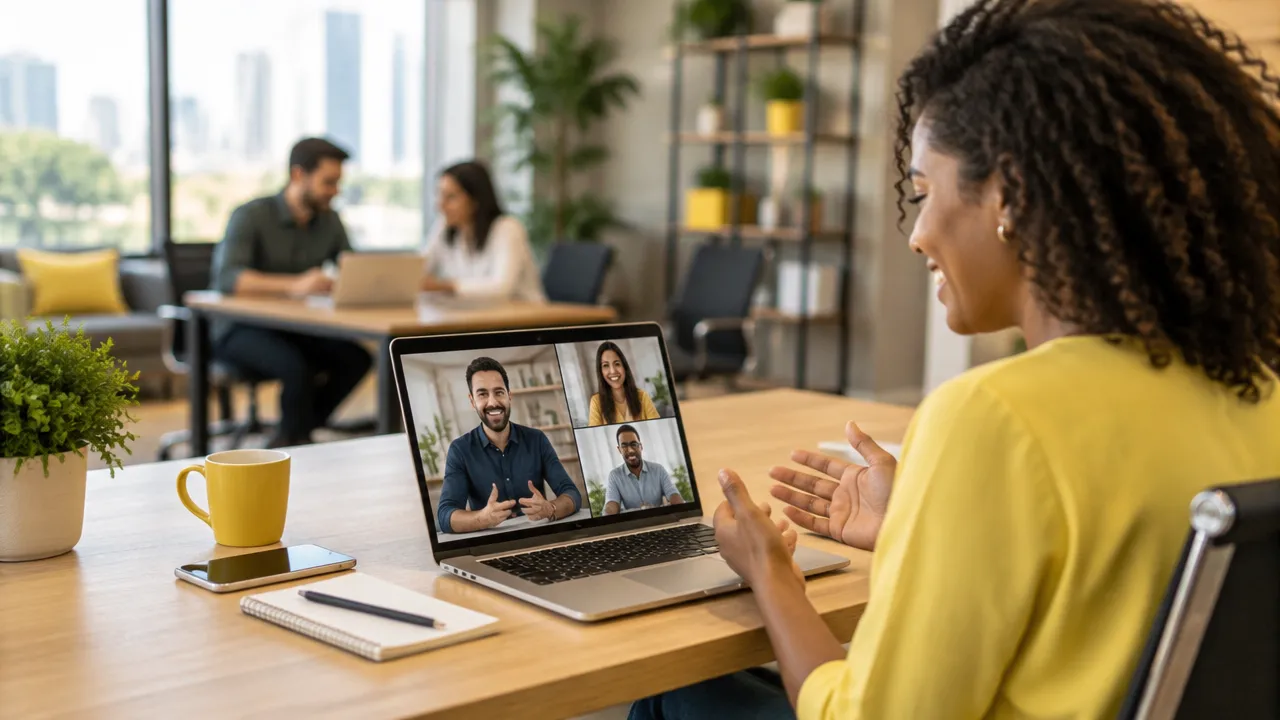 Nova profissional de vendas participa de uma integração digital por videochamada com sua equipe