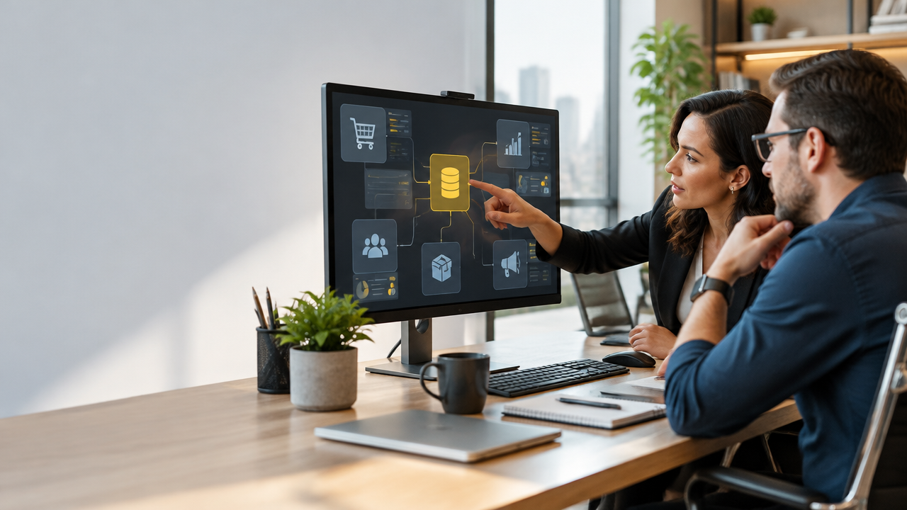 Profissionais de tecnologia e vendas avaliando em um monitor a integração entre plataformas empresariais