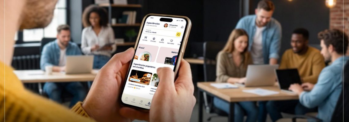 Equipe de vendas comemorando diante de um painel futurista de pontuações e ranking