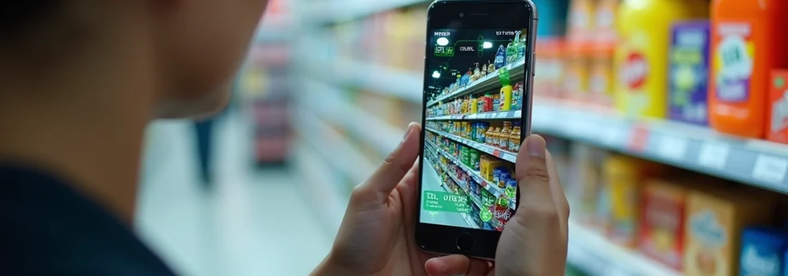 Profissional registrando gôndola no supermercado com smartphone e painel digital ao fundo