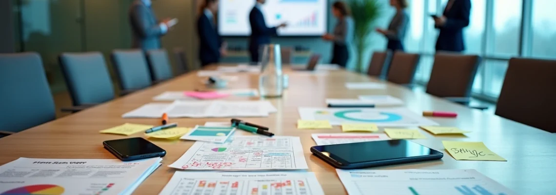 Mesa de escritório com papéis e planilhas caóticas ao lado de tela com painel digital organizado