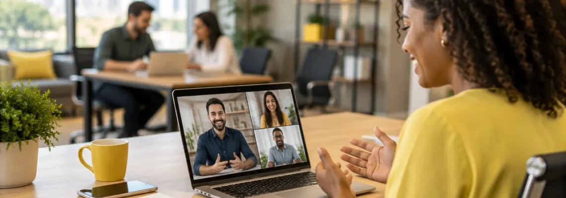 Nova profissional de vendas participa de uma integração digital por videochamada com sua equipe