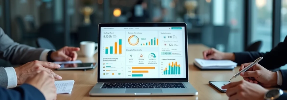 Tela de plataforma de incentivo de vendas com dashboards de metas e recompensas digitais em notebook sobre mesa de reunião