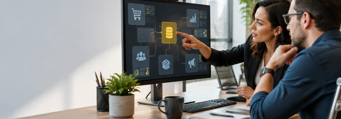 Profissionais de tecnologia e vendas avaliando em um monitor a integração entre plataformas empresariais