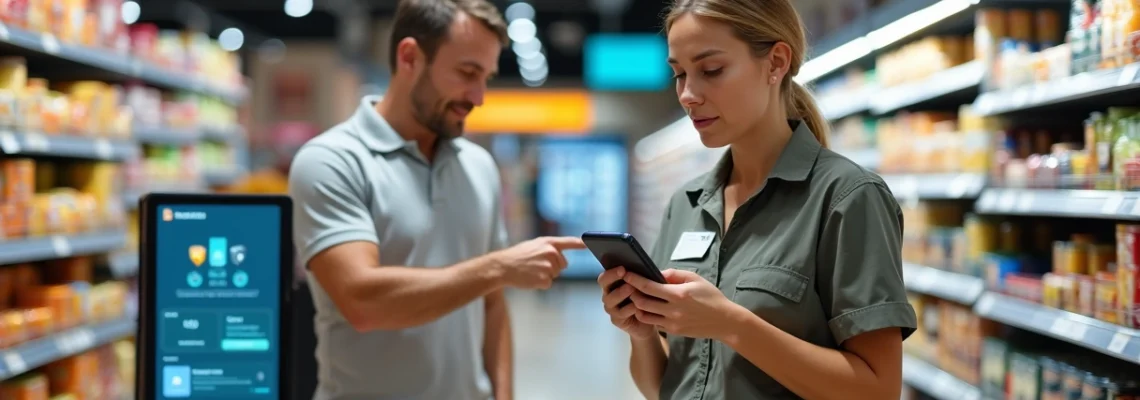 Promotor de trade aprendendo nova plataforma em corredor de supermercado