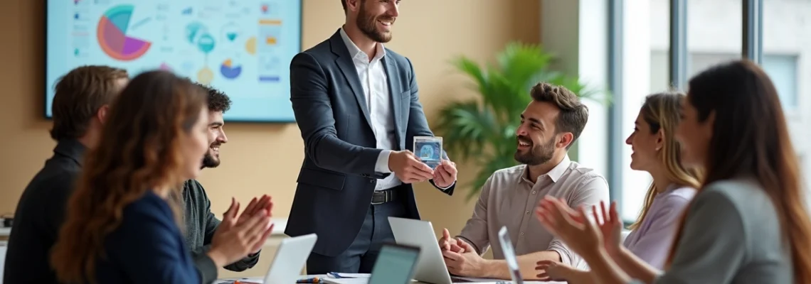 Gestora reconhecendo colaborador em roda de feedback com equipe ao redor