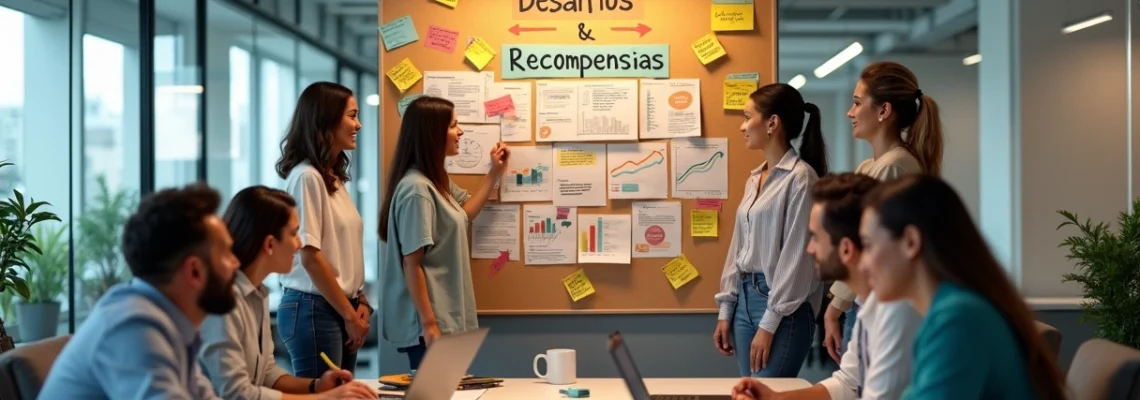 Equipe de vendas diversa em escritório colaborativo apontando para mural de recompensas e metas