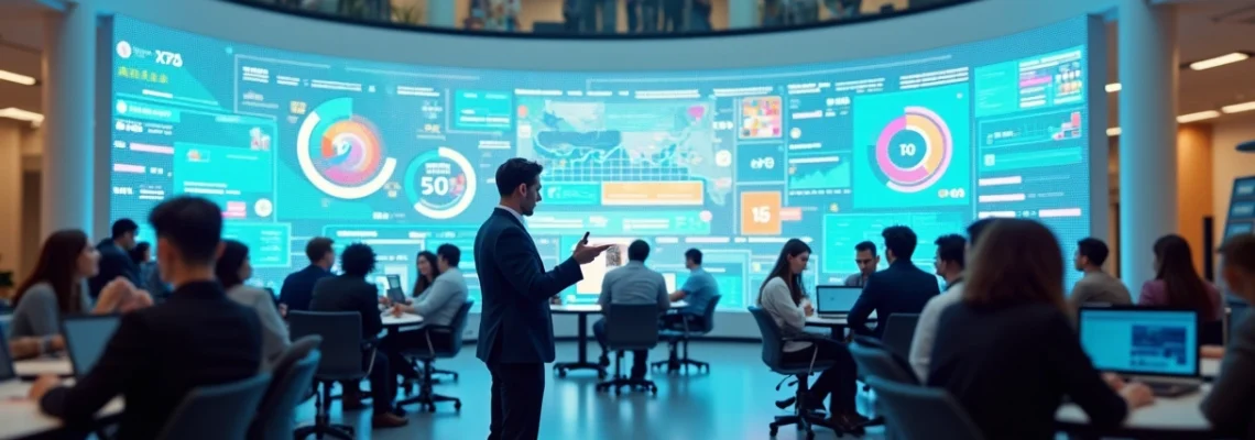 Grande equipe de vendas reunida em espaço moderno acompanhando painel digital